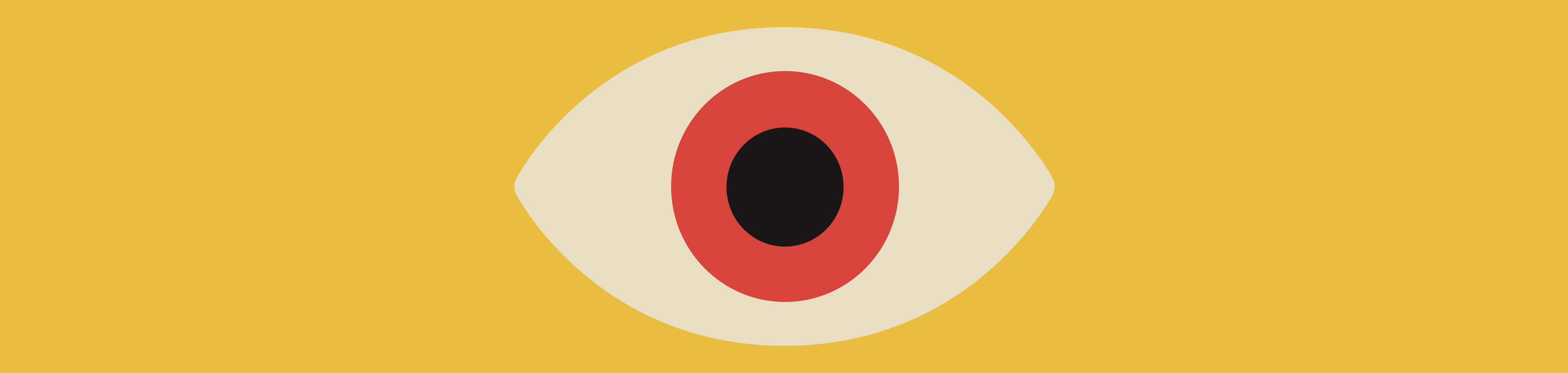 Fondo amarillo. En el centro, un ojo con un iris de color rojo. Haciendo contraste con el amarillo.